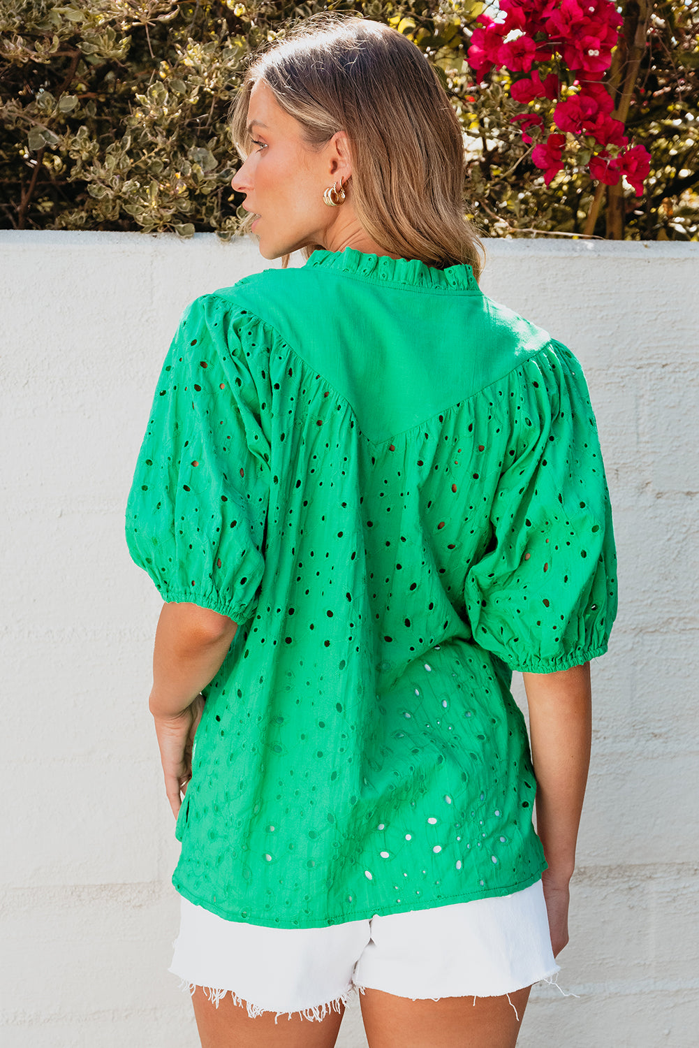 Green Hollow-out Puff Sleeve Blouse