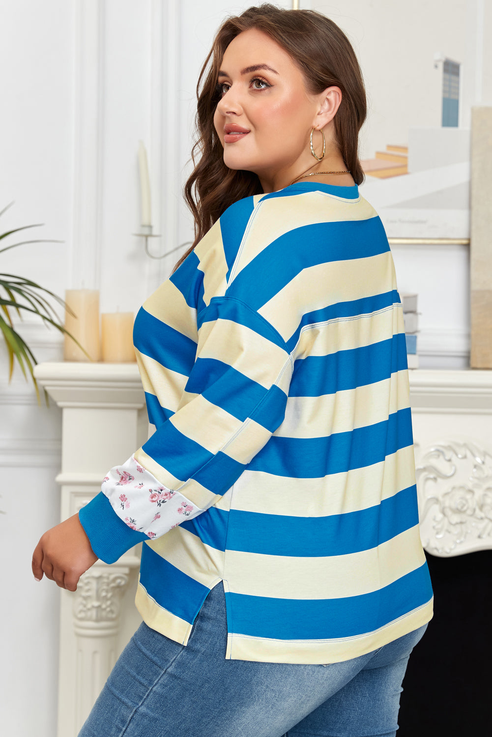 Blue Stripe Patchwork Floral Long Sleeve Pullover Top Bazaare Mart Plus Size/Plus Size Sweatshirts & Hoodies