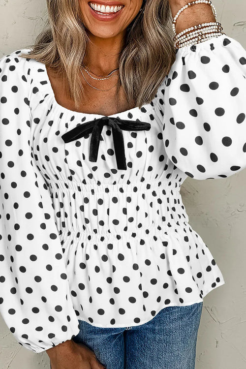 Bow Polka Dot Square Neck Long Sleeve Blouse White Bazarre Mart B&W Polka Dot Blouse