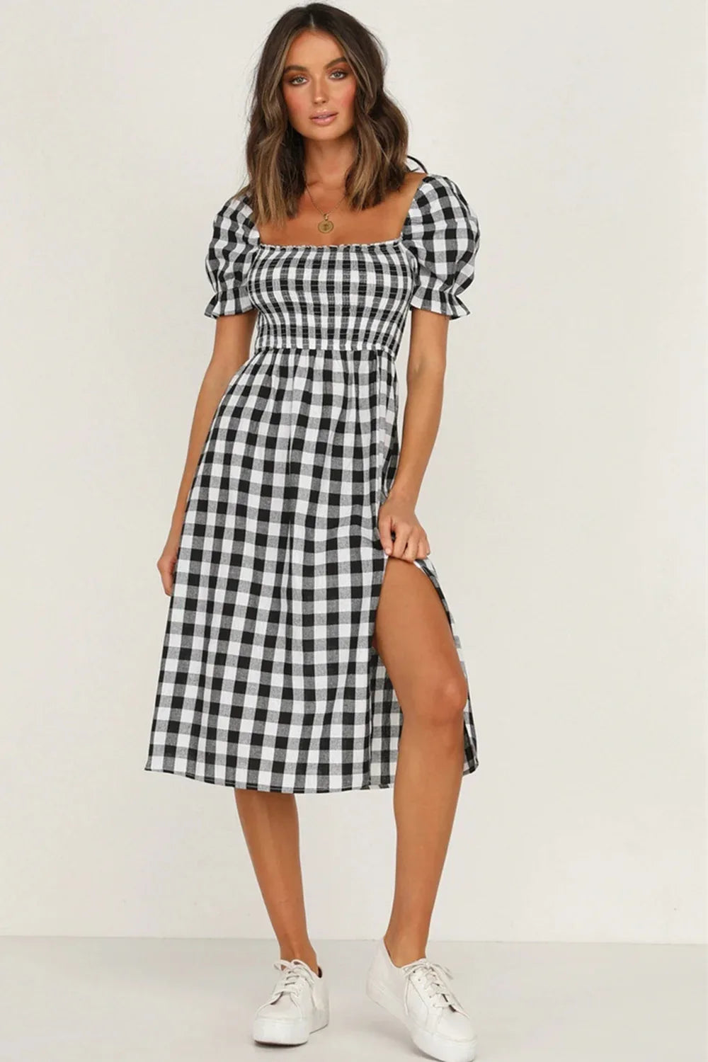 Plaid Short Sleeve Midi Dress Trendsi Plaid Short Sleeve Midi Dress