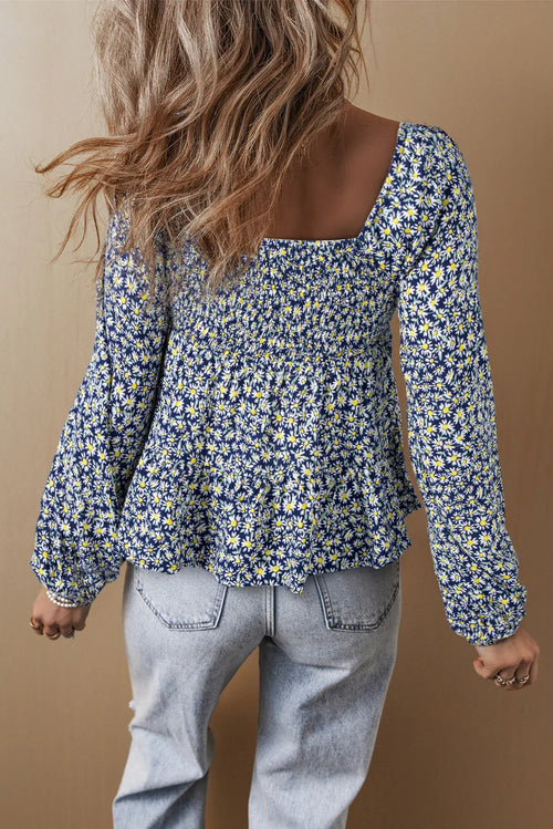 Blue Floral Smocked Square Neck Loose Fit Long Sleeve Blouse Bazaare Mart Tops/Blouses & Shirts