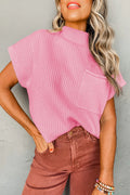 Pink Patch Pocket Ribbed Knit Short Sleeve Sweater Pink 50%Viscose+28%Polyester+22%Polyamide Dear-Lover Dropshipping Sweaters & Cardigans/Short Sleeve Sweaters