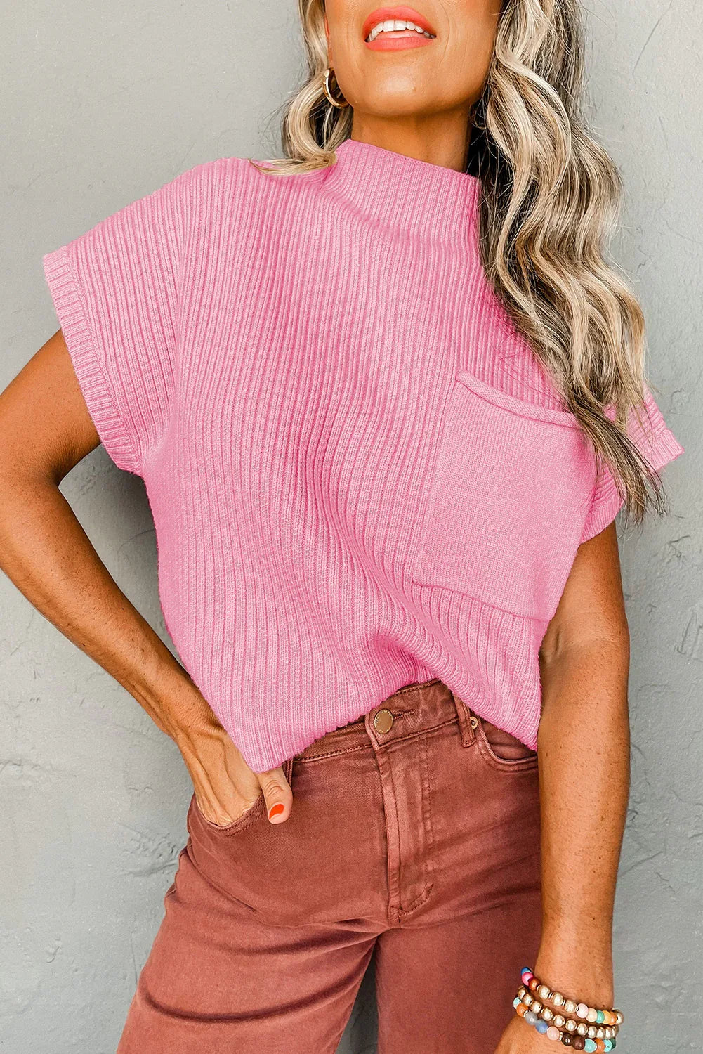 Pink Patch Pocket Ribbed Knit Short Sleeve Sweater Pink 50%Viscose+28%Polyester+22%Polyamide Dear-Lover Dropshipping Sweaters & Cardigans/Short Sleeve Sweaters