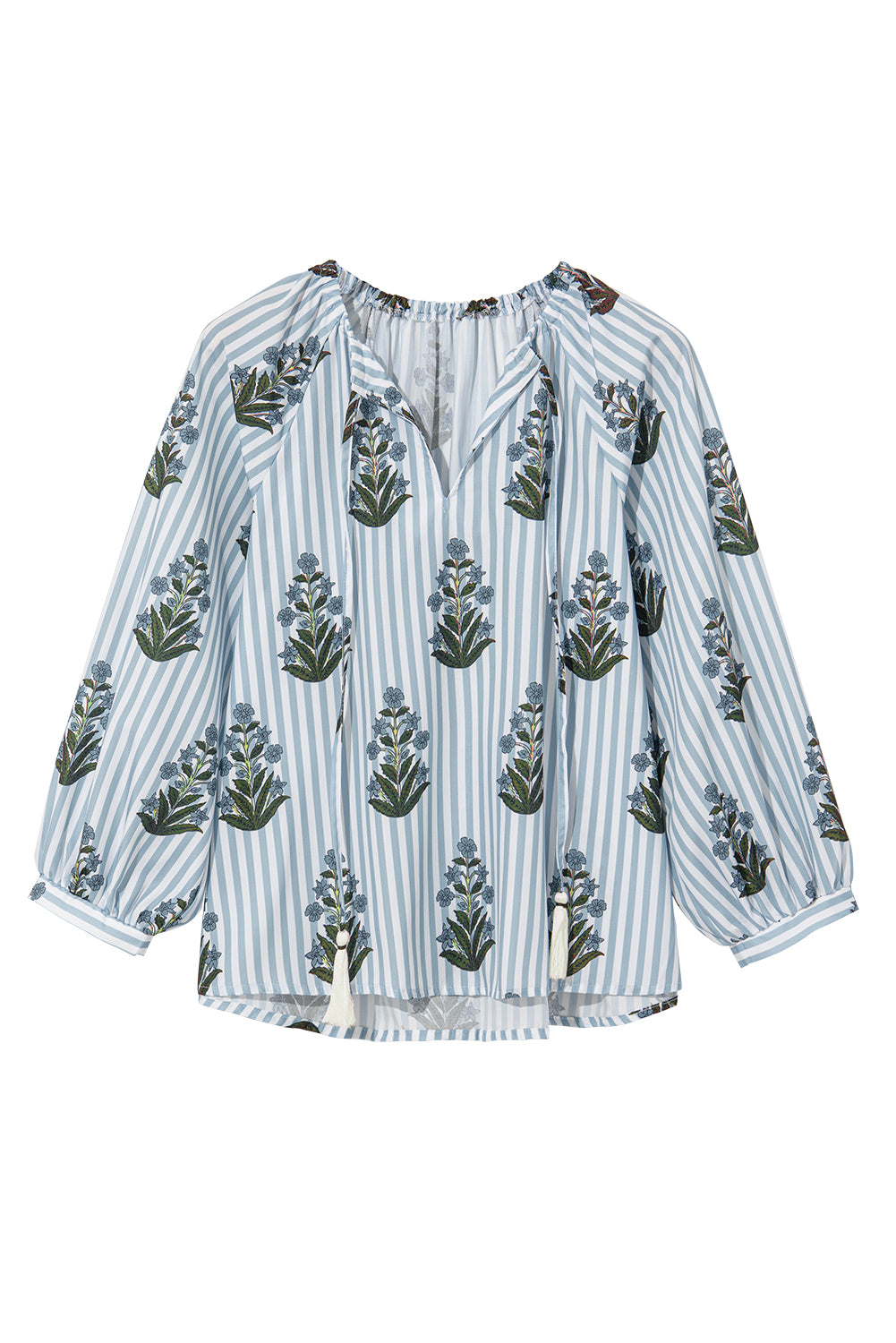 Blue Striped Floral Long Sleeve V Neck Blouse