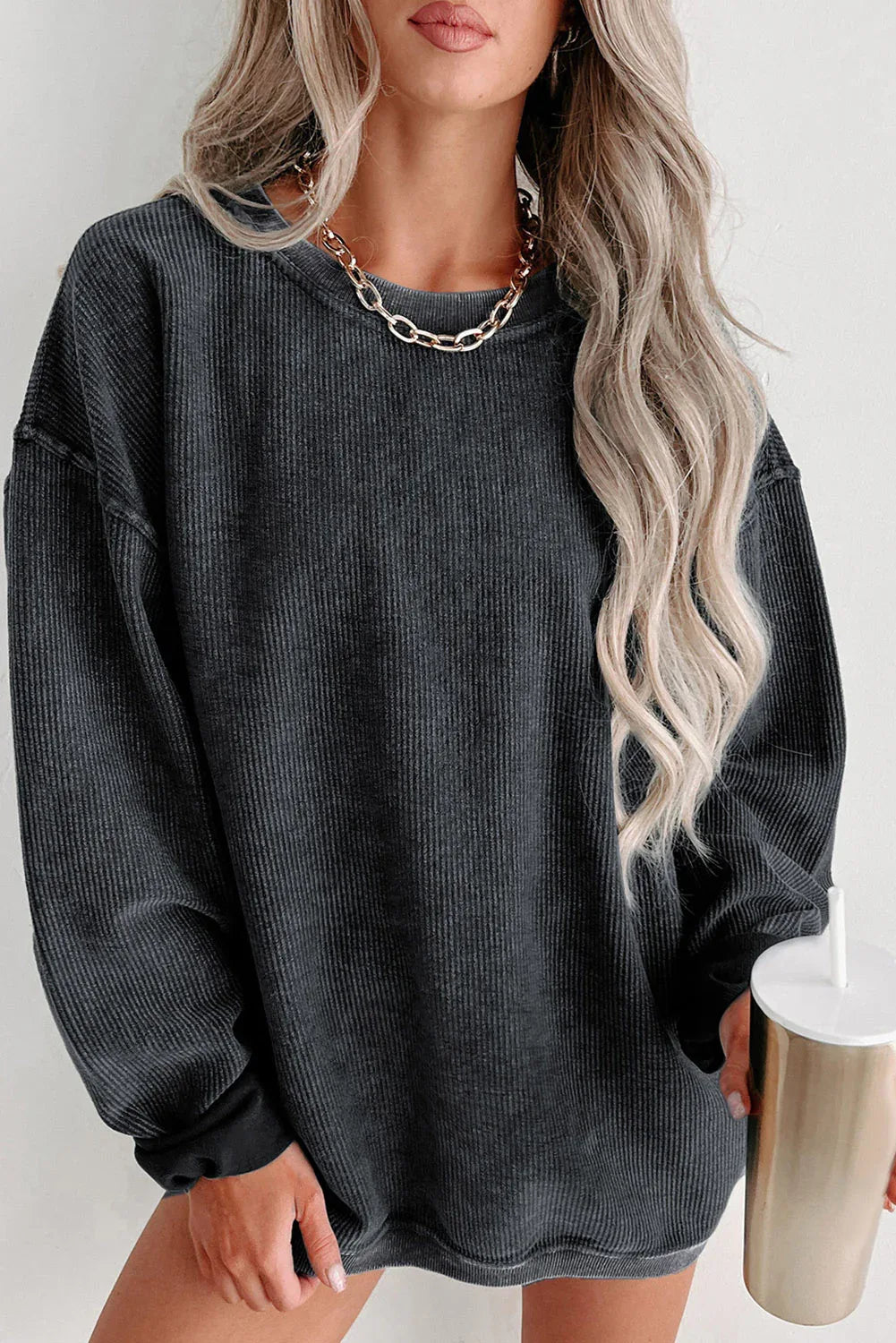 Plain Corded Crew Neck Sweatshirt Black 100%Polyester Bazaare Mart Plain Sweatshirt