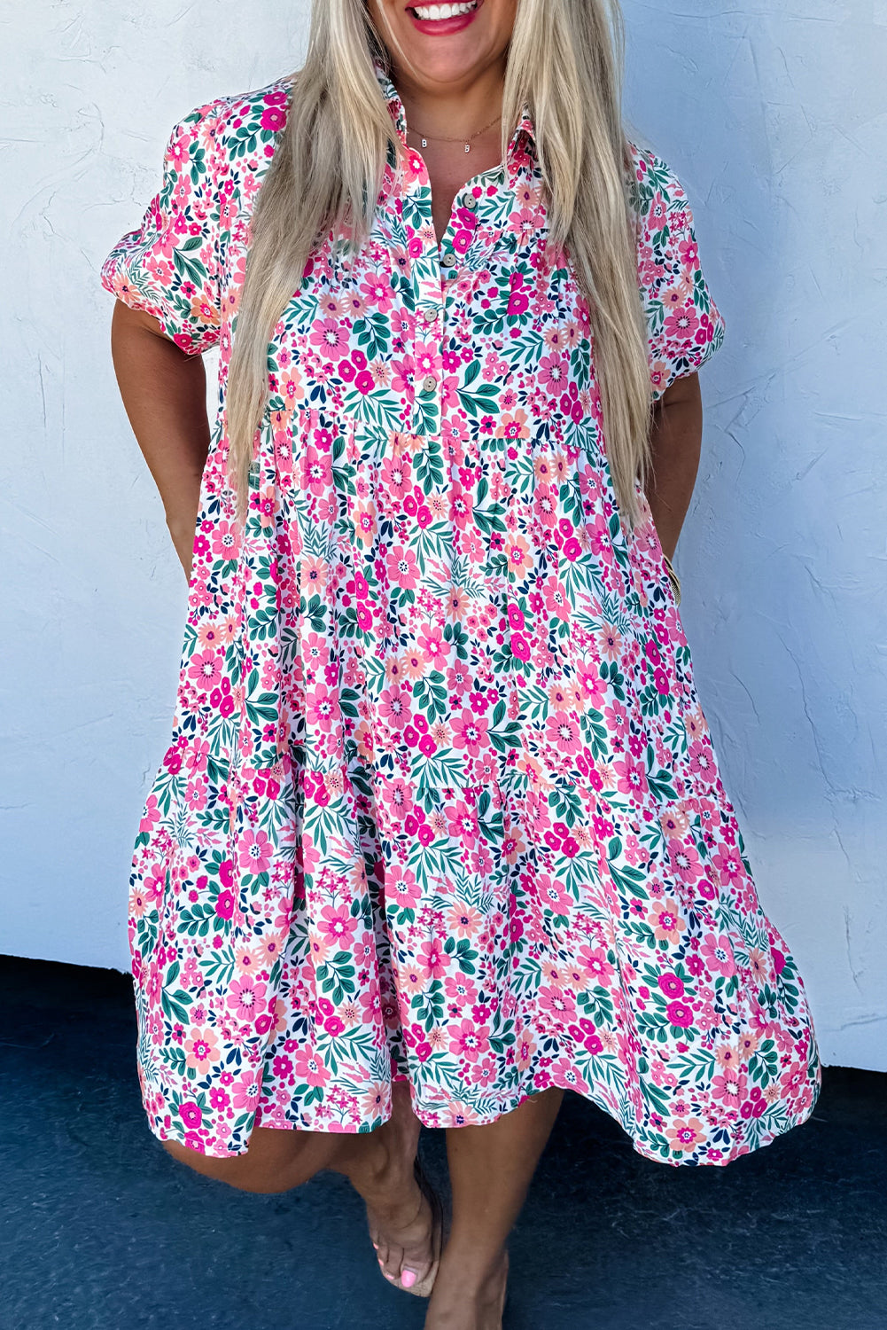 Pink Plus Size Floral Half Button Short Puff Sleeve A-line Dress Dear-Lover Dropshipping Plus Size/Plus Size Dresses/Plus Size Mini Dresses