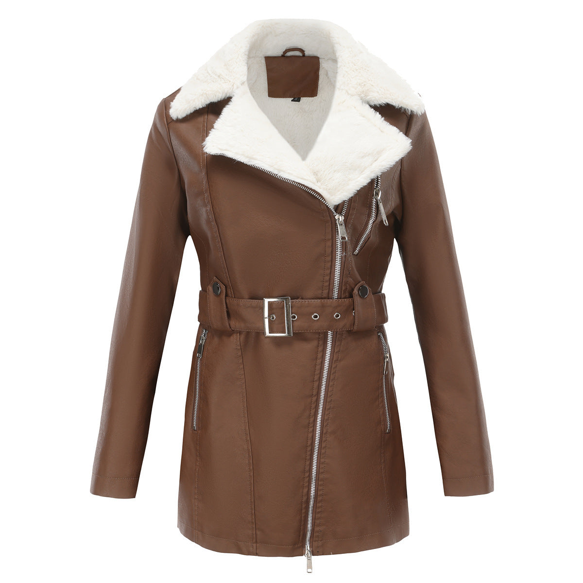 PU Leather and Fleece Belted Jacket