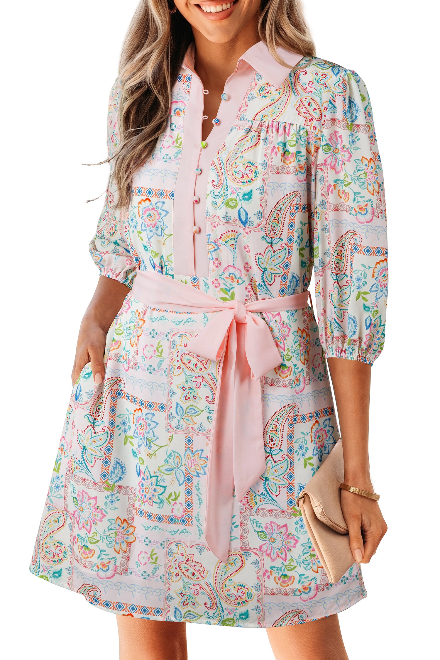 Pink Pastel Patchwork Mini Dress – Half Button Belted Color Block Dress