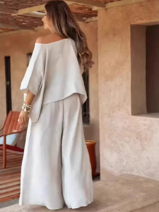 Boat Neck Top and Wide Leg Pants Set Bazaare Mart Wide Top and Pants Solid Color Outfit