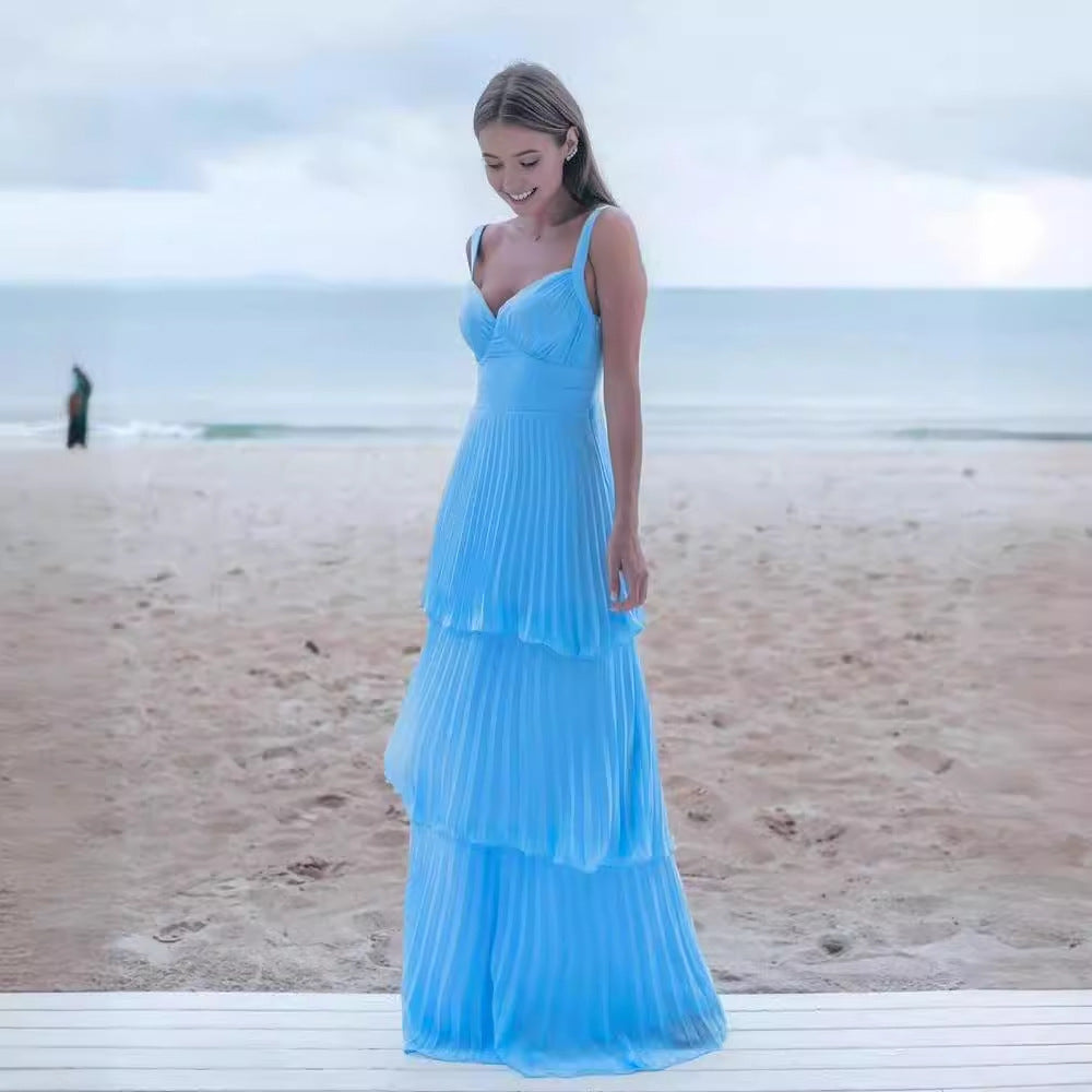 Multi-layer Pleated Strappy Maxi Dress