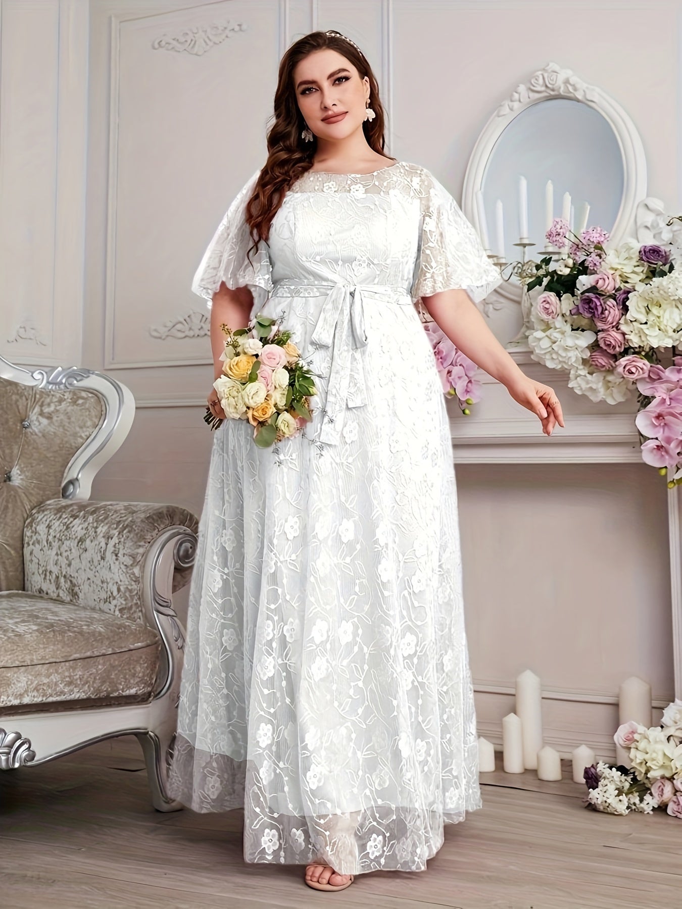 Elegant High Waist Lace Round Neck Half Flutter Sleeve Solid Color Formal Floor Length Dress