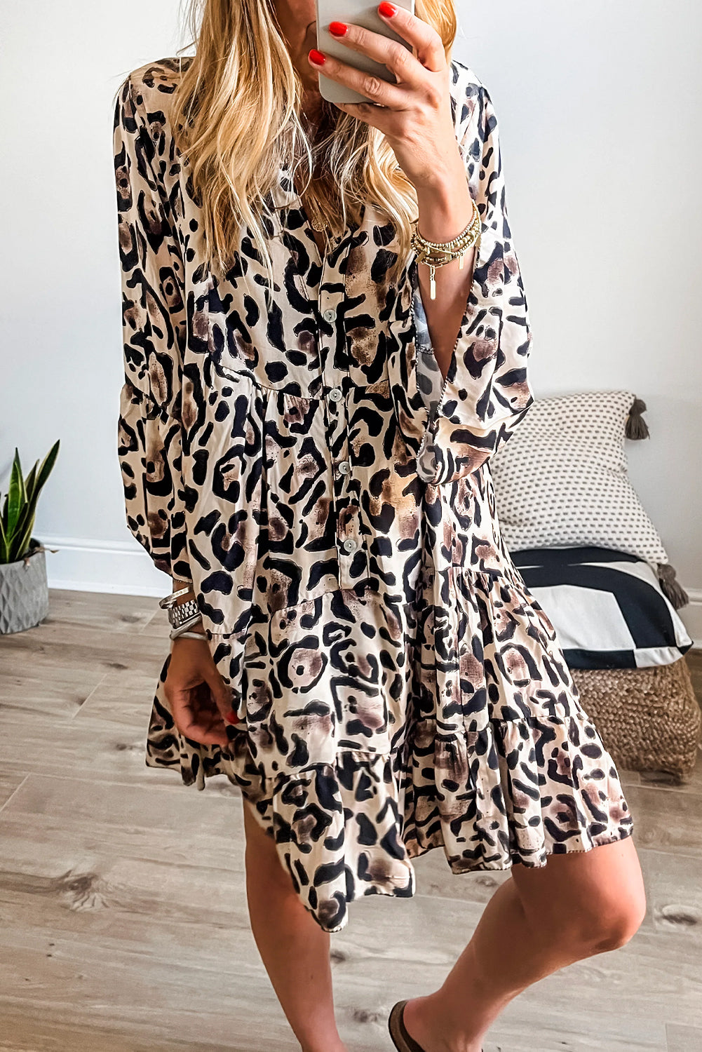 Khaki Leopard Button V Neck Pocket Flowy Mini Dress Black 100%Polyester Shewin Short Dresses