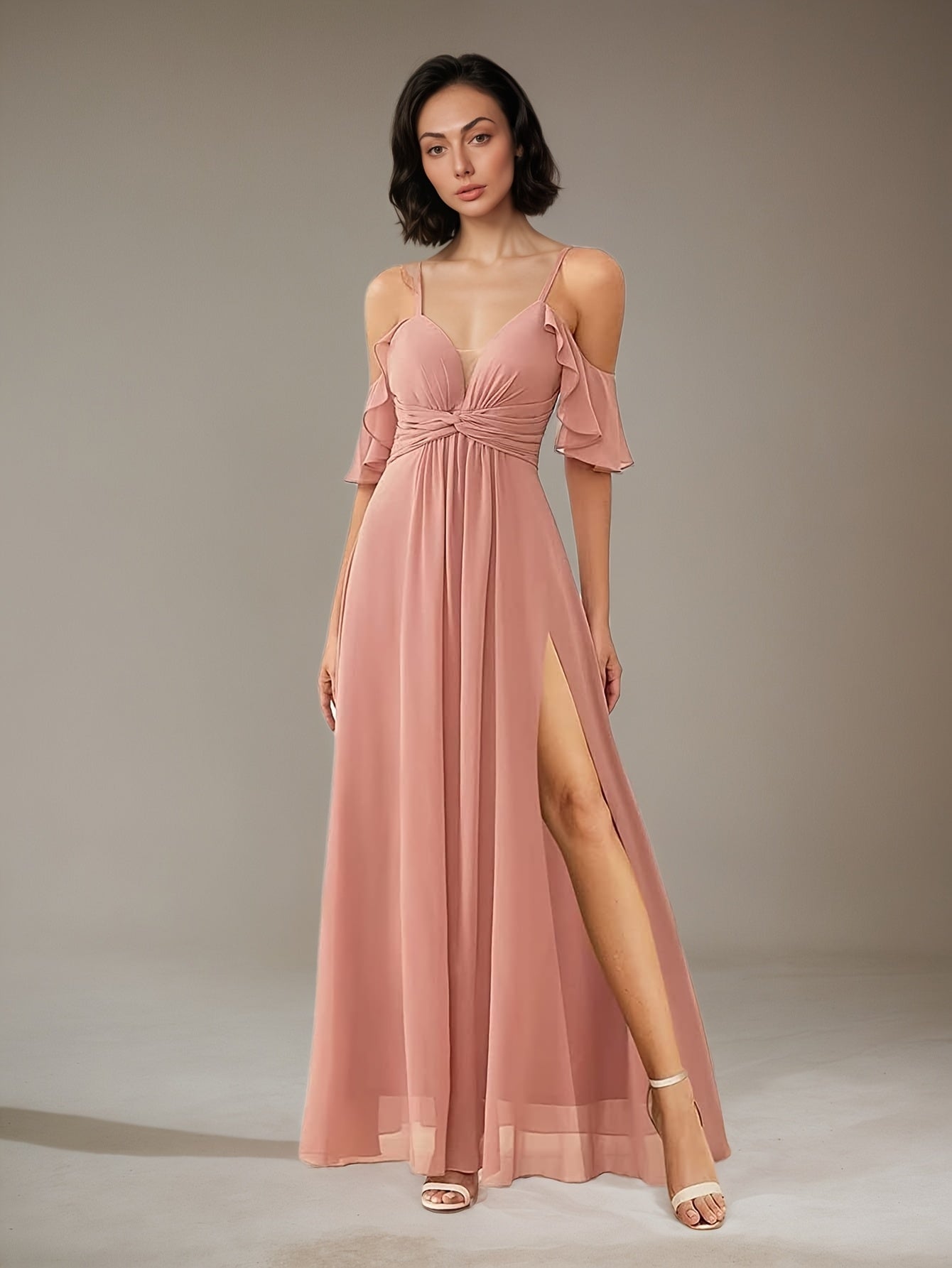 Elegant Cold Shoulder V-Neck Bridesmaid Dress