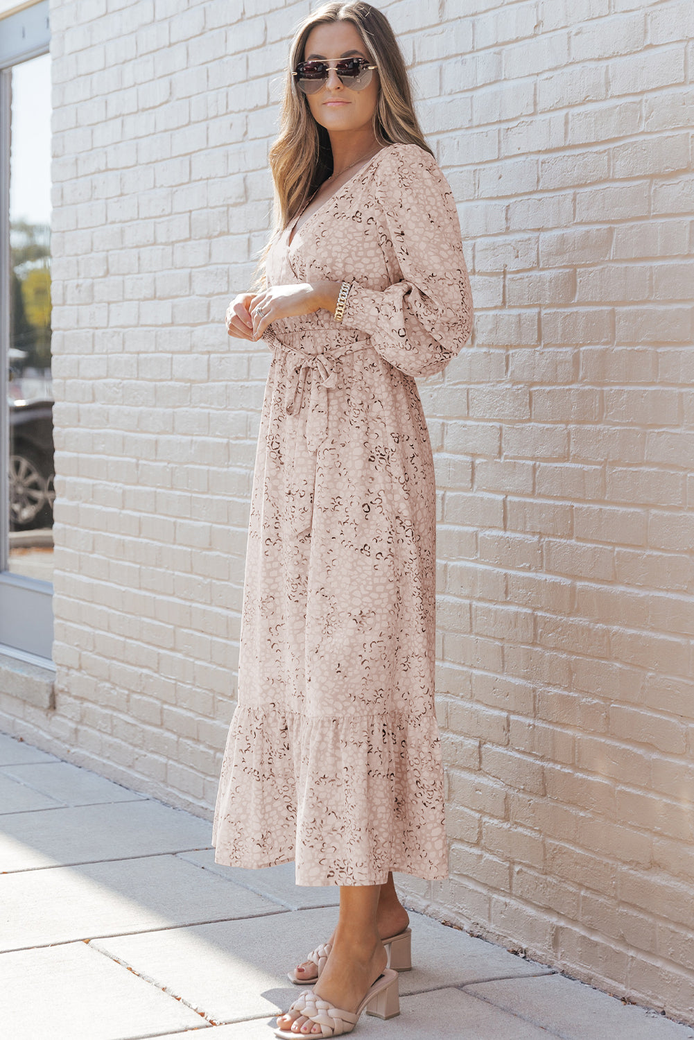 Leopard Long Sleeve Maxi Dress with Sash