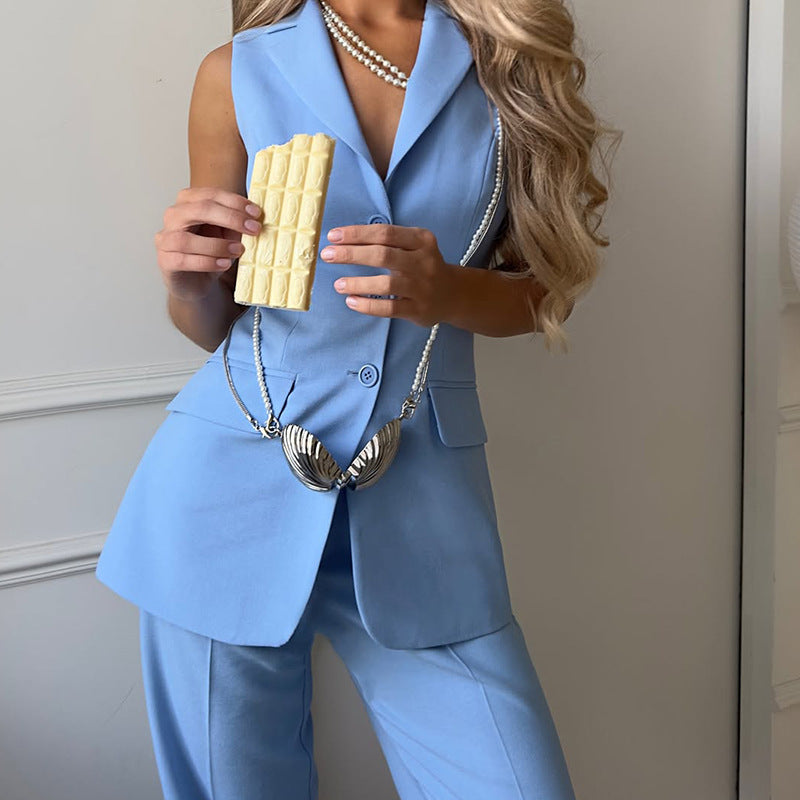 Women’s Sleeveless Vest & Straight-Leg Pants Set – Tailored Two-Piece Professional Outfit CJ Dropshipping Light Blue Vest Pants Set