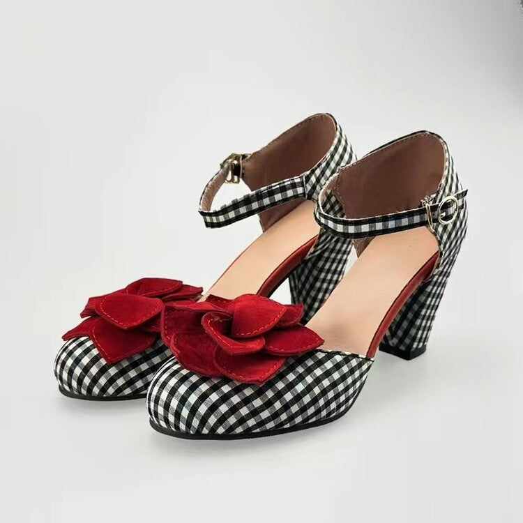 Women’s Camellia Checker Mary Jane Sandals – Round Toe Buckle Strap Flats CJ Dropshipping Red Camellia Houndstooth Mary Janes