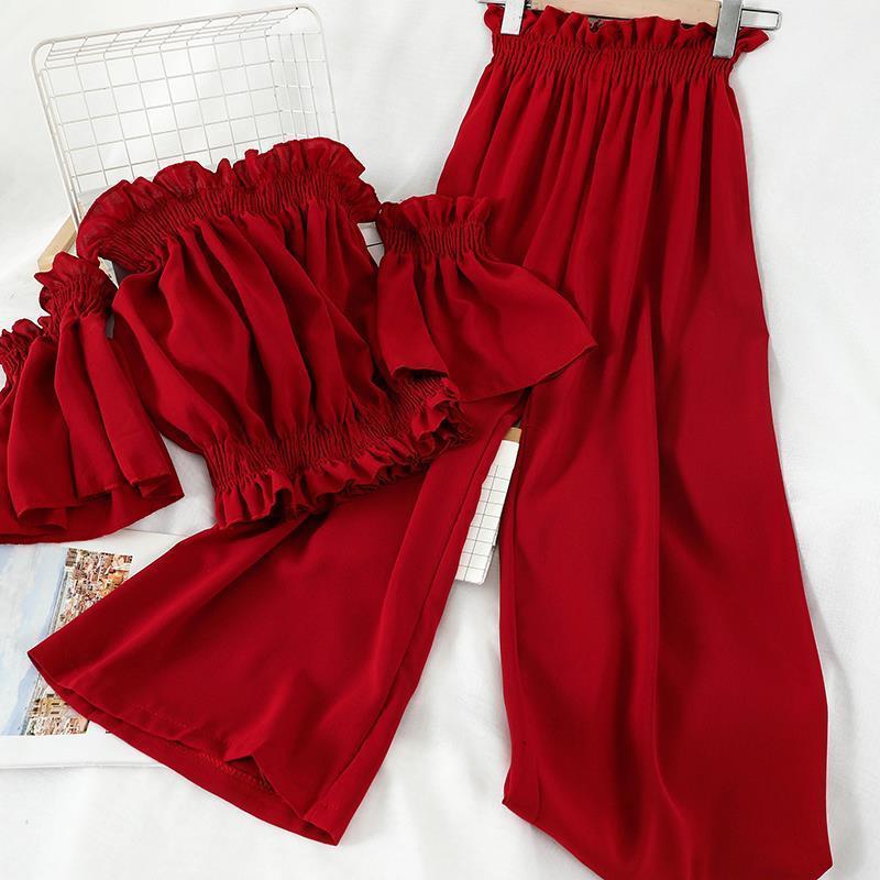 Women’s Chic Off-Shoulder Top & Elastic Waist Pants Set CJ Dropshipping 2pc. Off Shoulder Solid Top and Pants Se