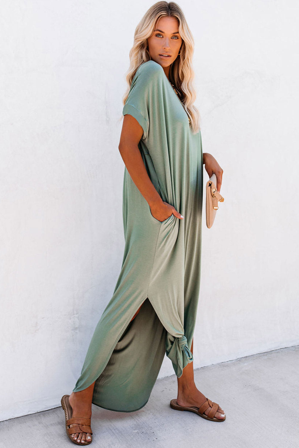 Sage V-Neck Hidden Pocket Splits Maxi T-shirt Dress
