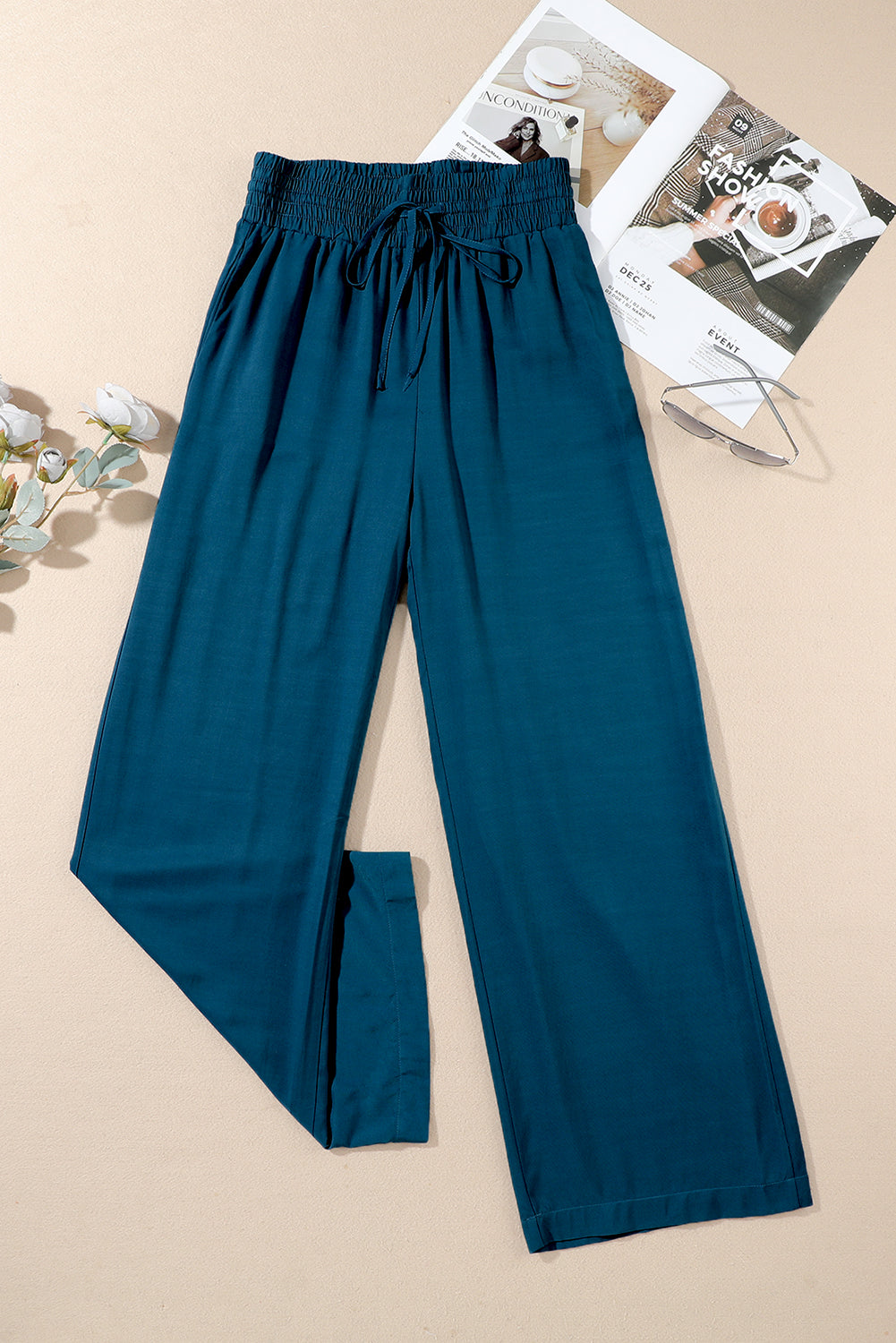 Drawstring Elastic Waist Casual Wide Leg Pants