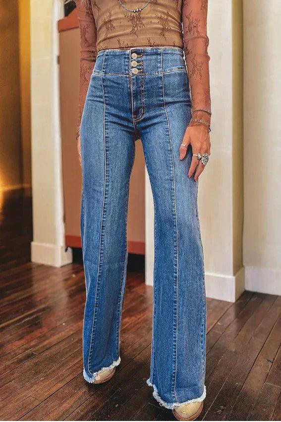 High Waist Button Fly Flare Jeans Sail Blue 71%Cotton+27.5%Polyester+1.5%Elastane Bazaare Mart Bottoms/Jeans