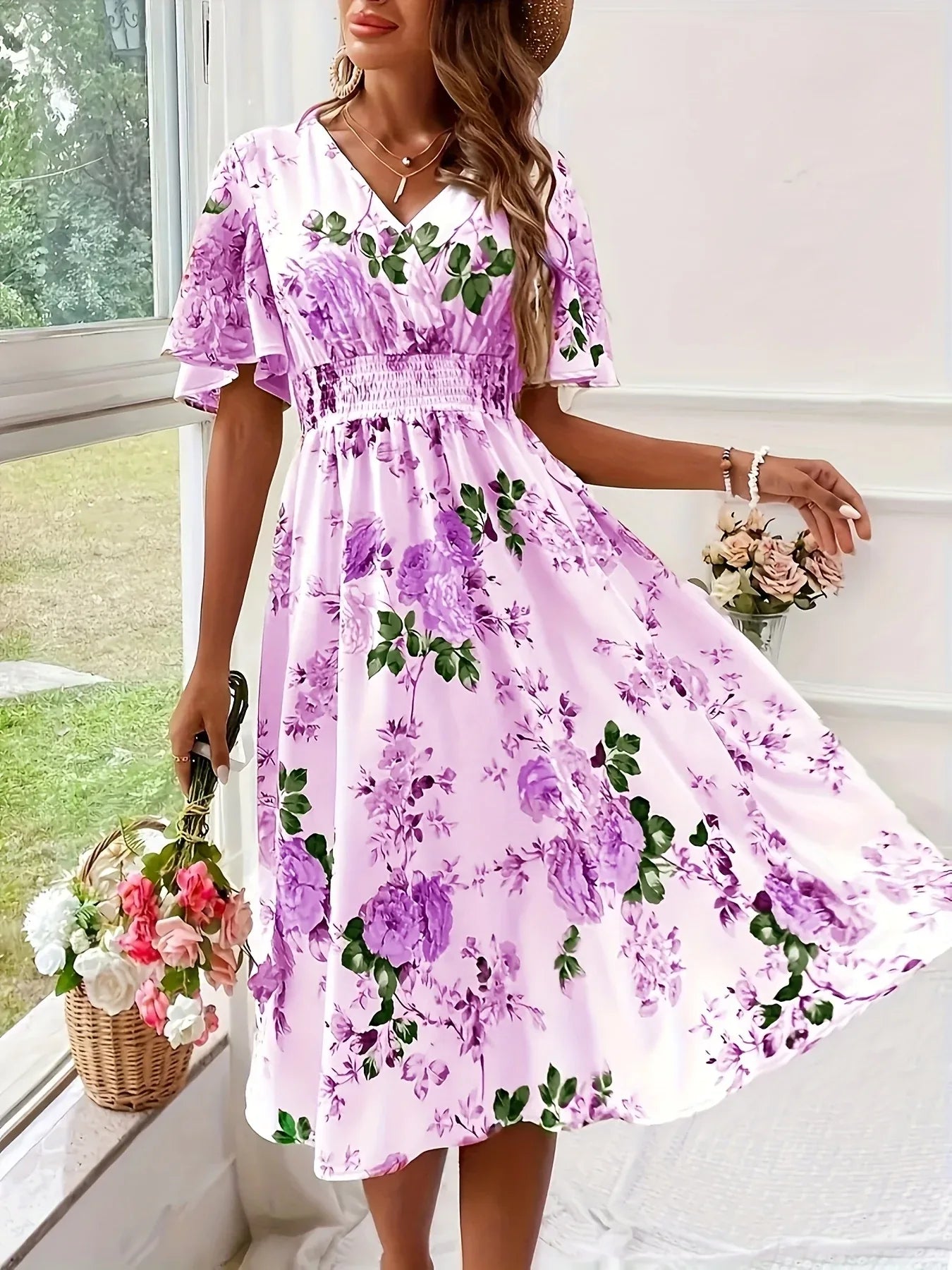 Short Sleeve V-Neck Floral Dresses Bazaare Mart Short Sleeve V-Neck Floral Dresses
