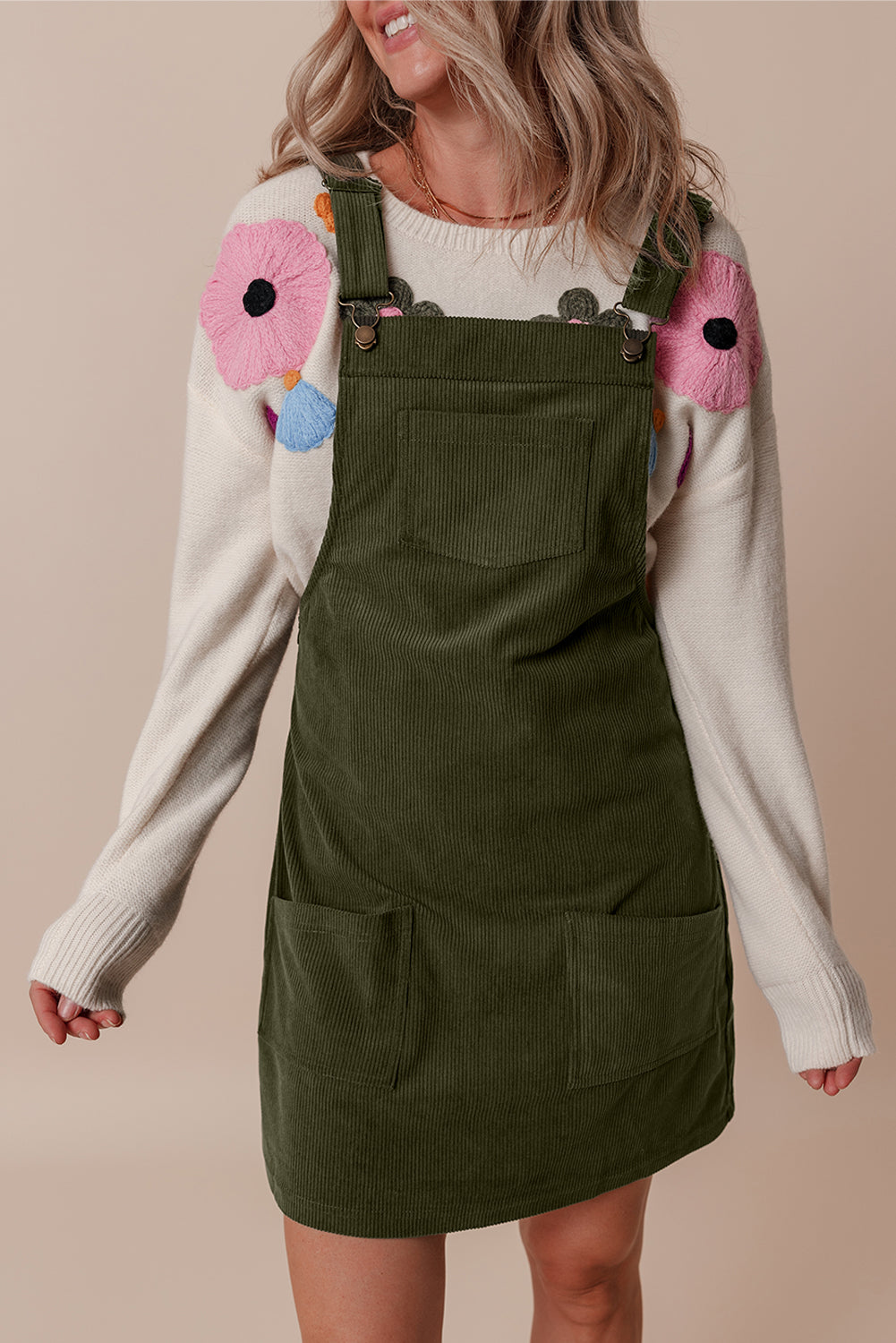 Army Green Corduroy Overall Dress