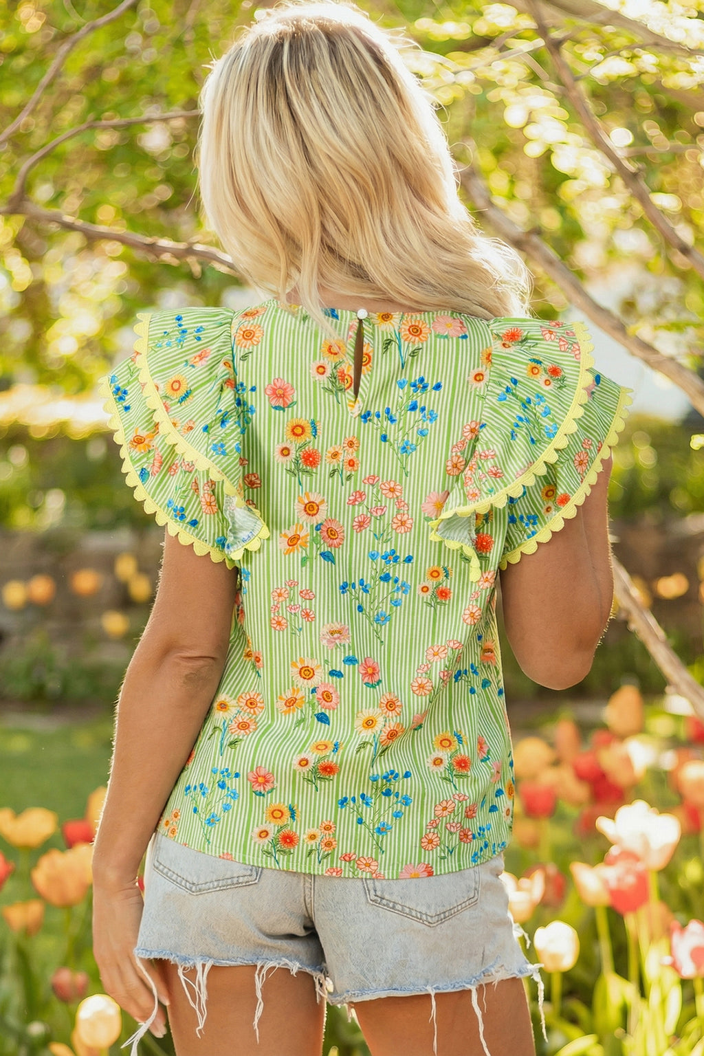 Green Stripe Floral Printed Scalloped Detail Flutter Short Sleeve Blouse