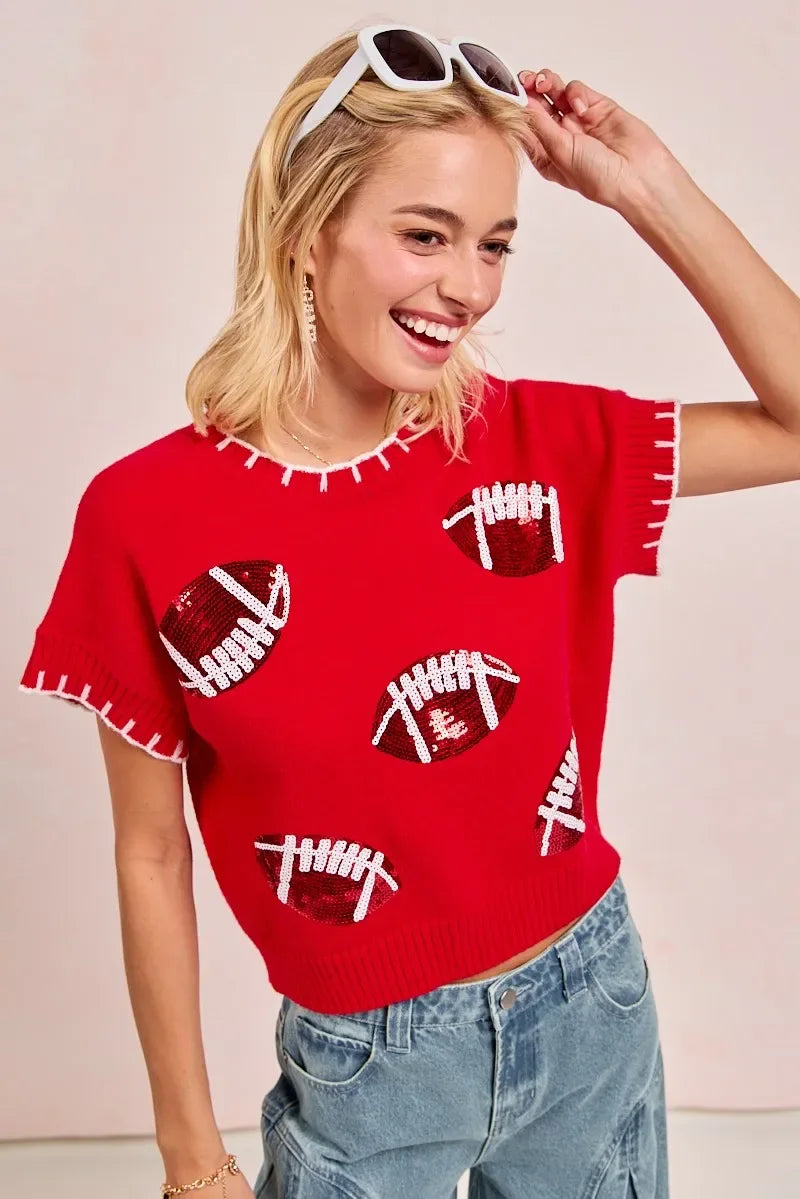 BiBi Gameday Sequin Football Embroidered Stitch Sweater Trendsi Football Shirt