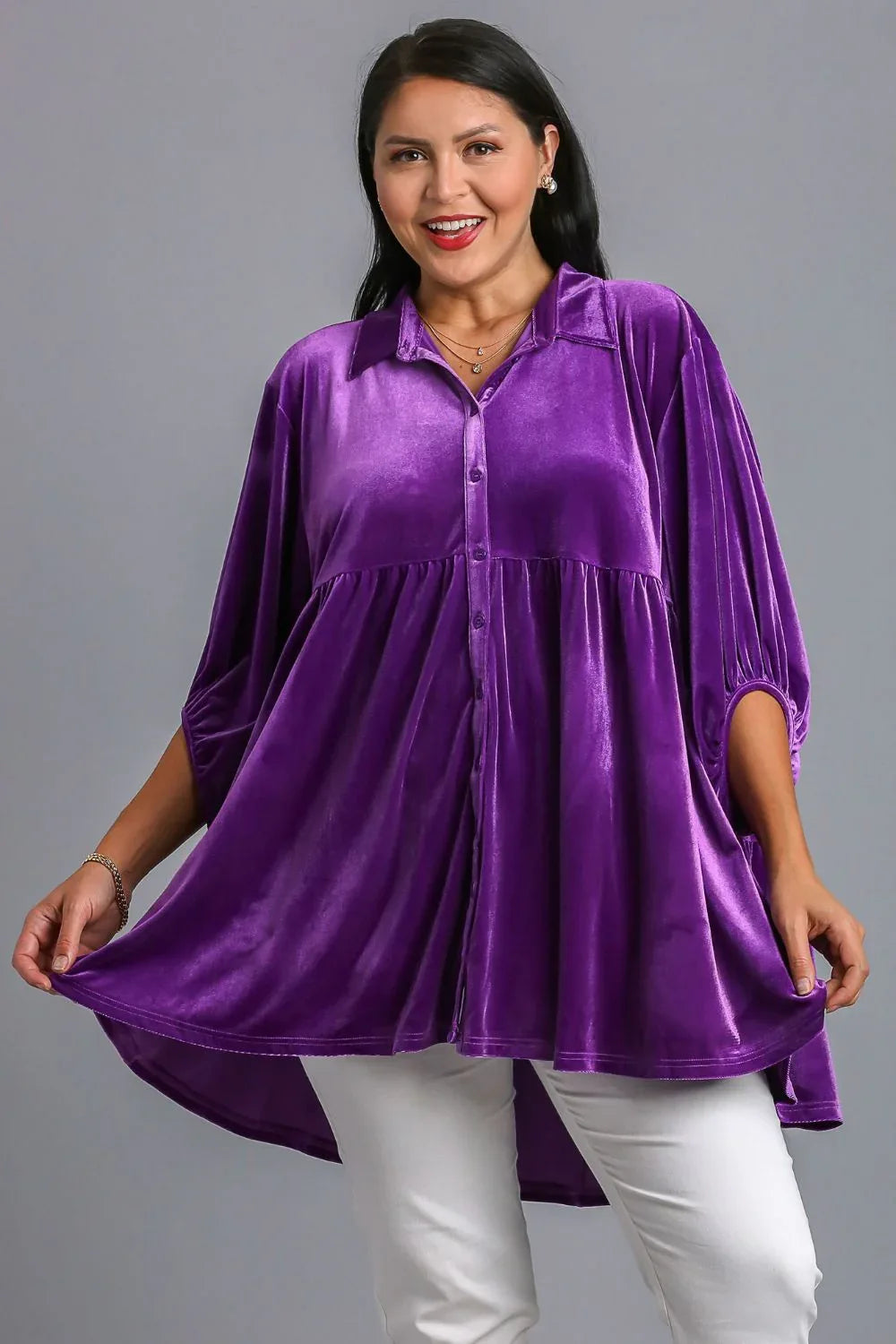 Umgee Full Size Button Down Tiered Back High Low Purple Velvet Shirt Trendsi Button Down Tiered Back High Low Shirt