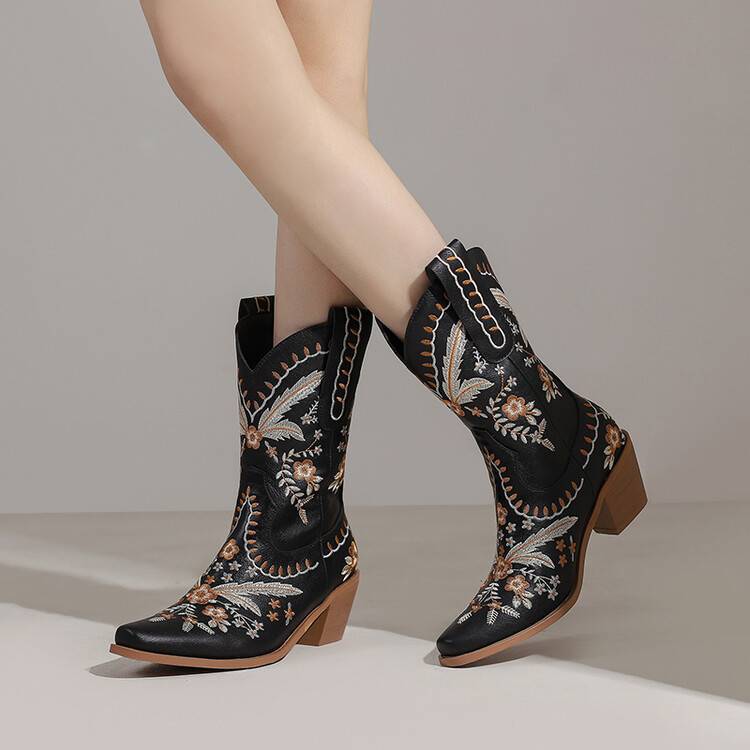Chunky Heel Embroidered Knee-High Cowboy Boots – Women’s Square Toe Western Boots CJ Dropshipping Embroidered Denim Boots