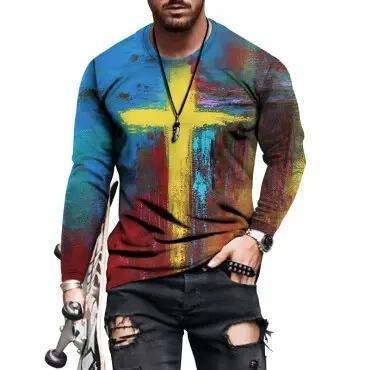 Men’s Geometric Print Long Sleeve T-Shirt – Slim Fit Casual Crew Neck Tee | Modern Graphic Shirts 3Color CJ Dropshipping Abstract Long Sleeve Tee