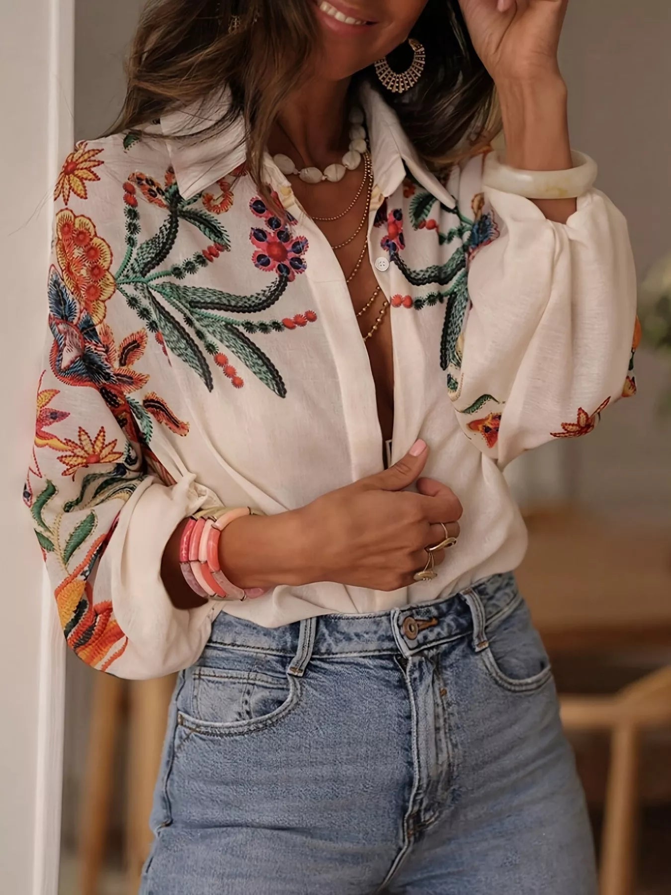 Embroidered Floral Button Up Long Sleeve Shirt Bazaare Mart Floral Button Up Long Sleeve Shirt