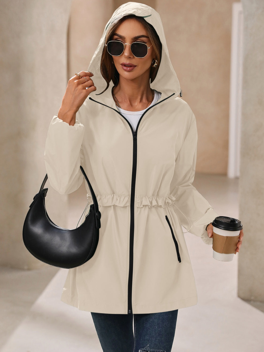 Waterproof Gathered Waist Hooded Jacket