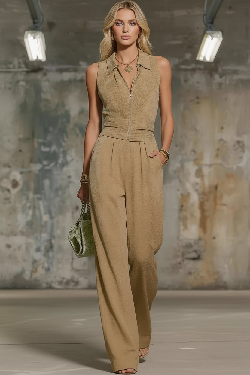 Cool Printed Zip-Up Sleeveless Top & Matching Wide Leg Pants Set CJ Dropshipping Solid Color Jumpsuit