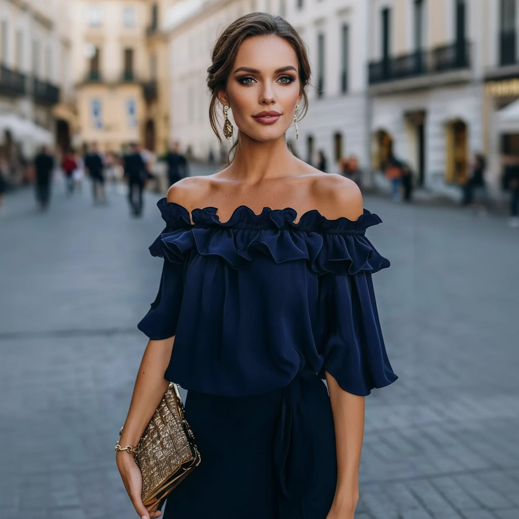 Women’s Ruffled Off-Shoulder Blouse – Loose Fit Elegant Short Sleeve Top CJ Dropshipping Off Shoulder Blouse