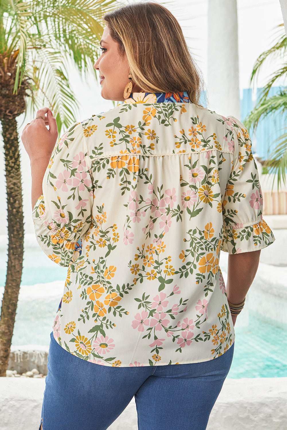 Floral Print Woven V Neck Half Sleeve Blouse Dear-Lover Dropshipping Plus Size/Plus Size Tops/Plus Size Blouses & Shirts