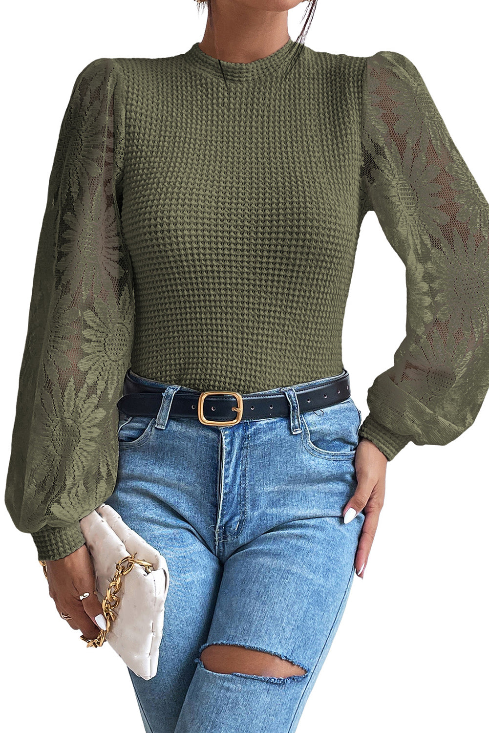 Beige Sunflower Mesh Bubble Sleeve Waffle Knit Top