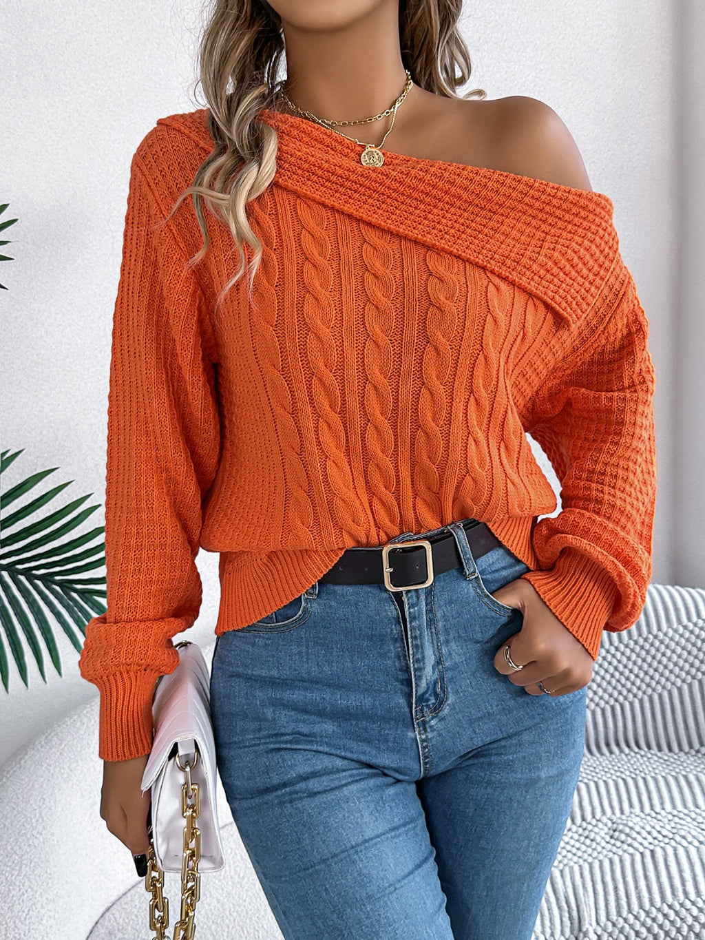 Cable-Knit Off Shoulder Long Sleeve Sweater