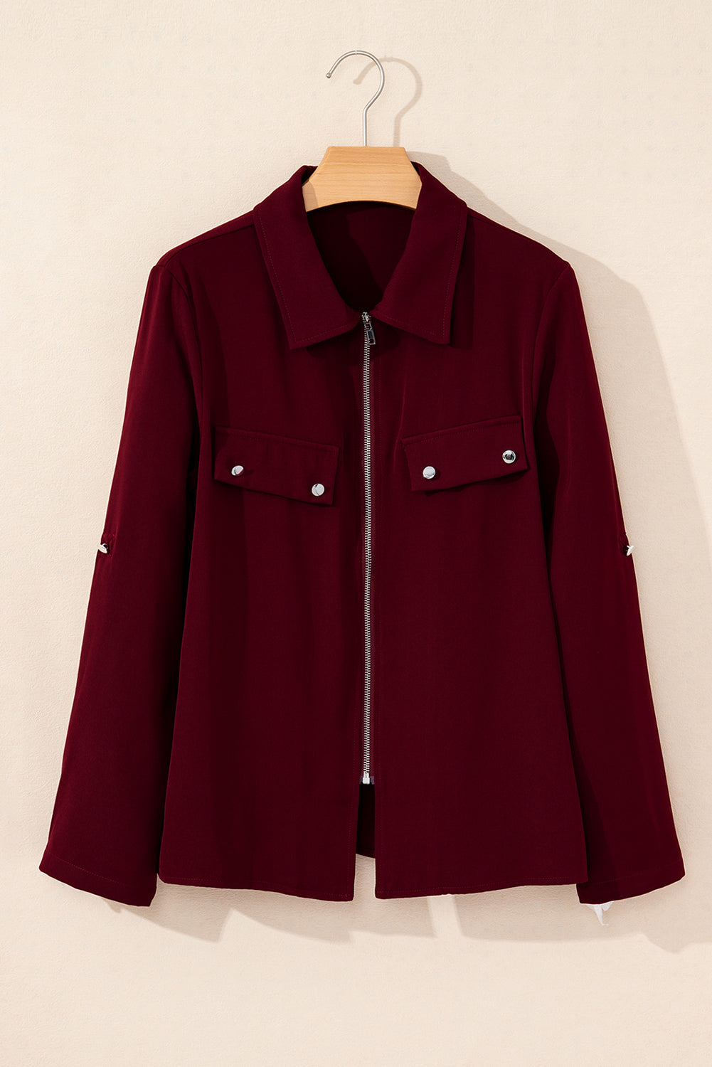 Red Dahlia Collar Tab Sleeve Zip Up Flap Detail Jacket