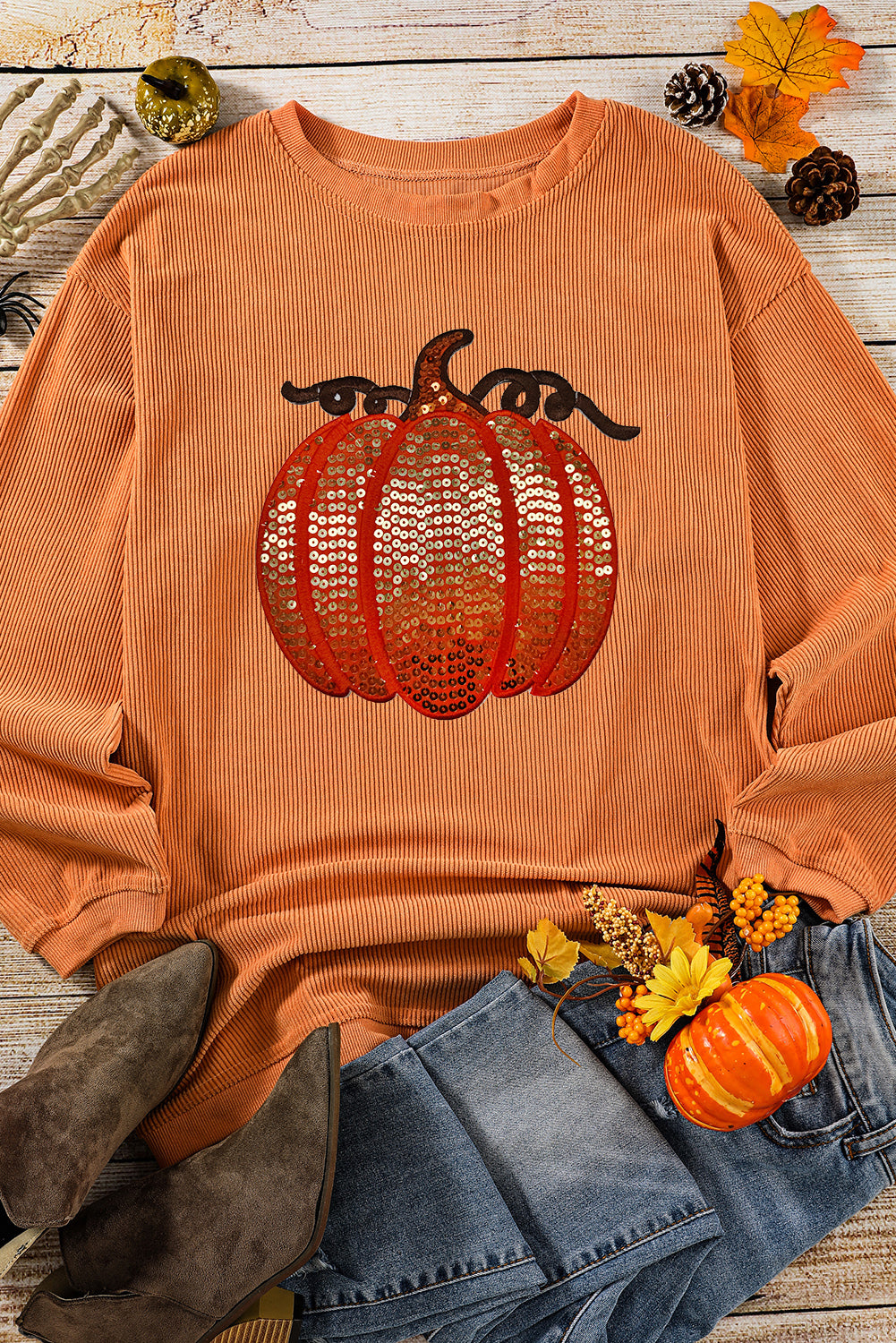 Orange Sequined Pumpkin Ribbed Round Neck Sweatshirt