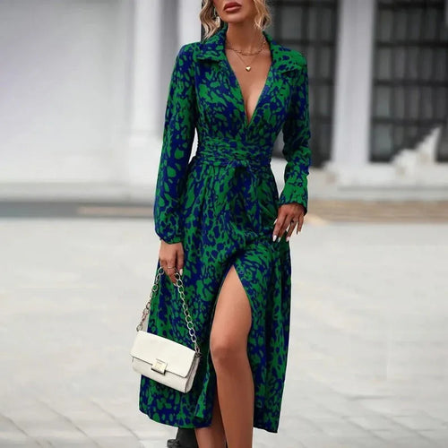 Abstract Print Collared V-Neck Belted Midi Dress Bazarre Mart Long Sleeve Printed Midi