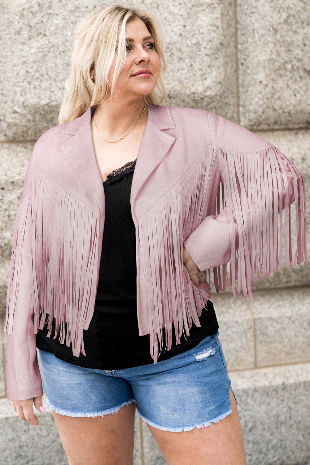 Pink Open Front Fringe Jacket