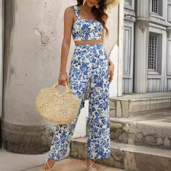Women’s Rose Print Crop Cami & Wide Leg Pants Set – Elegant Printed Two-Piece Outfit Light Blue CJ Dropshipping Sleeveless Floral Pants Outfit