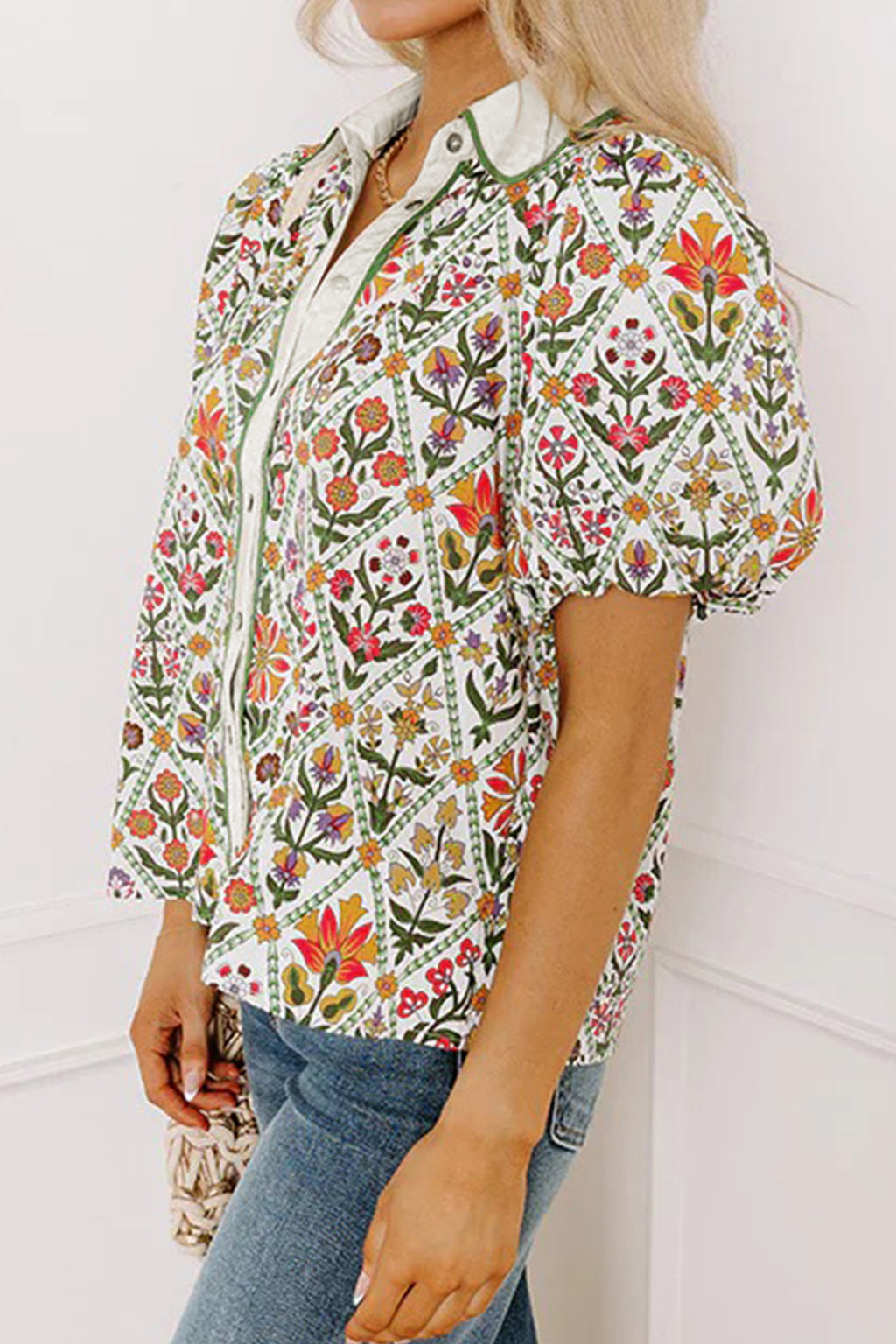 Green Short Puff Sleeve Floral Diamond Shirt