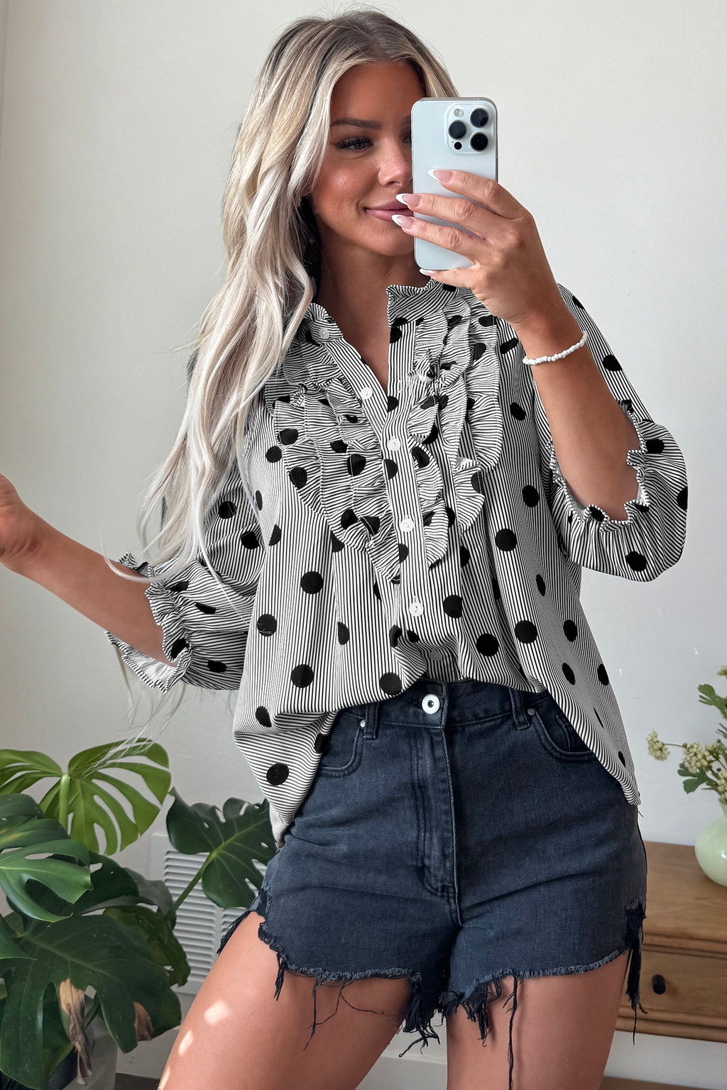Polka Dot Striped Print Ruffle Stand Up Neck 3/4 Sleeve Shift Shirt