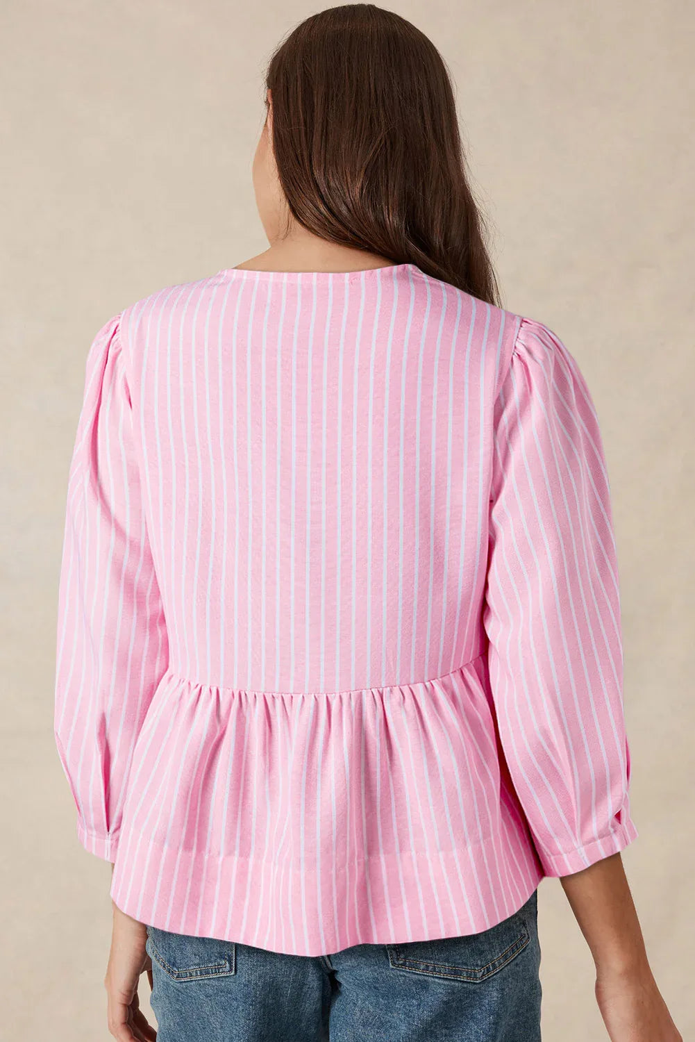 Pink Stripe Bowknot Front Crew Neck Puff Sleeve Blouse Bazarre Mart Tops/Blouses & Shirts