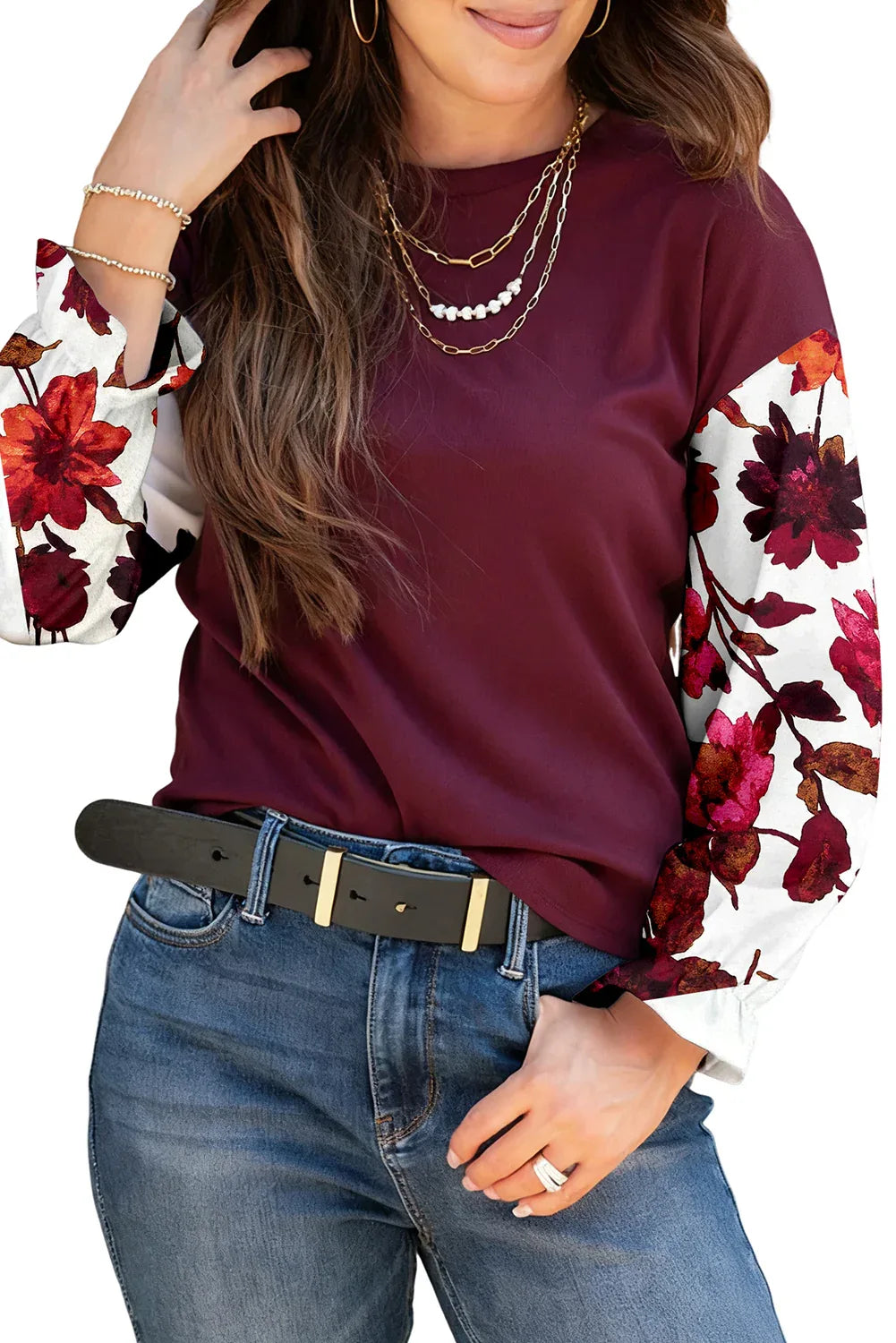Purple Floral Sleeve Patchwork Round Neck Blouse Shewin Blouses
