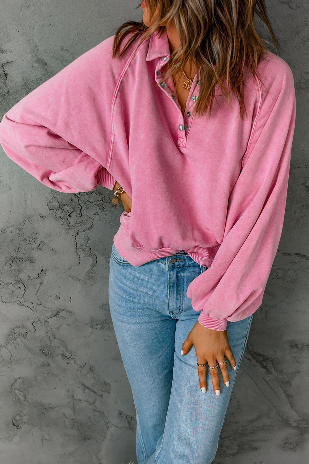 Pink Mineral Wash Sequin Heart Snap Buttons Collared Sweatshirt