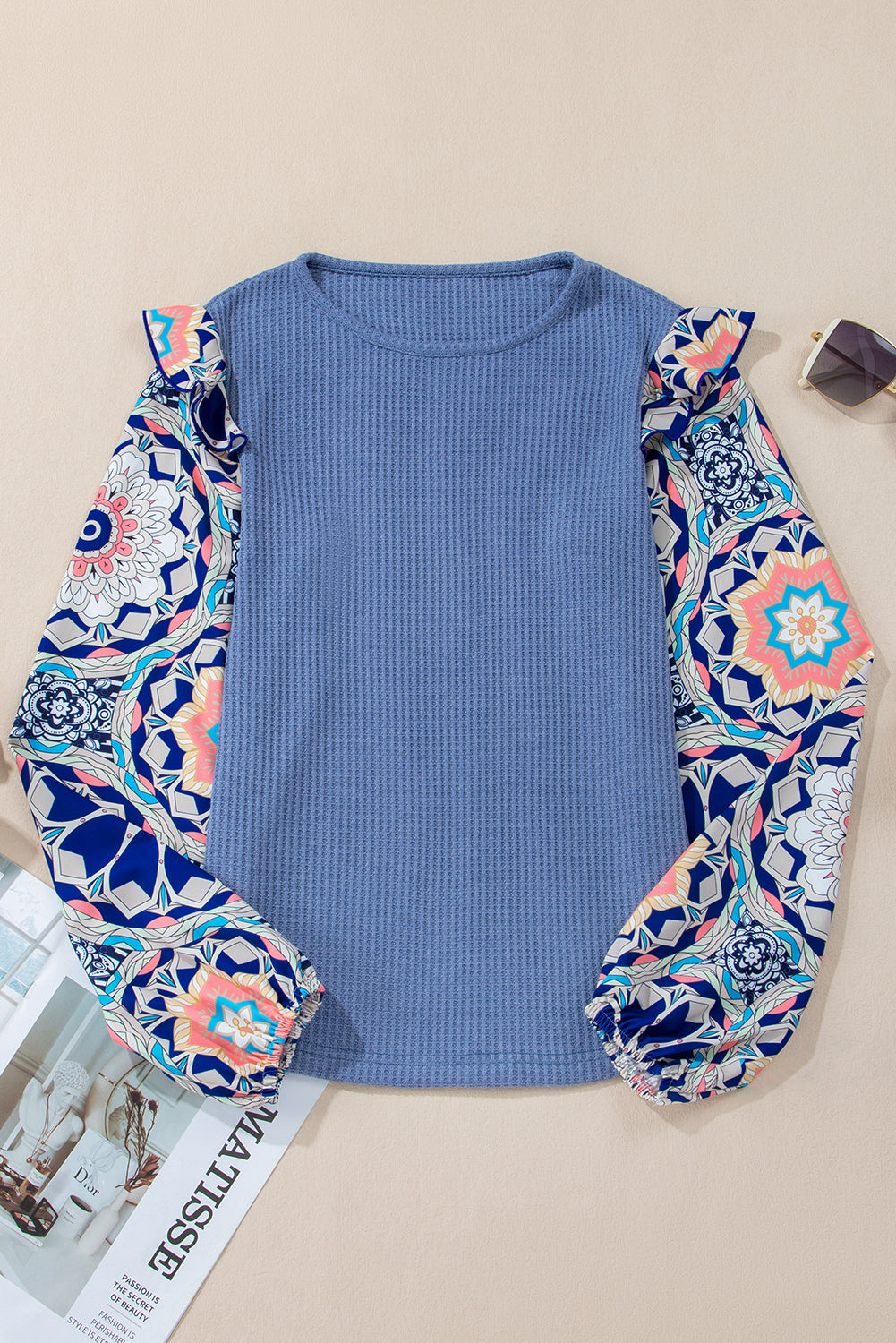 Blue Floral Sleeve Waffle Knit Blouse