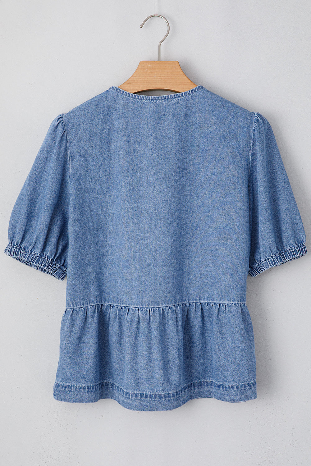 Blue Bow Front Bubble Sleeve Peplum Denim Shirt